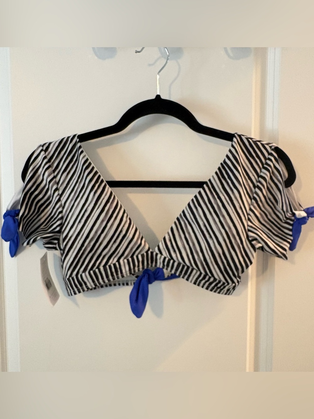 Saha Striped Black & White Tie-Back Bikini Top with Blue Accent